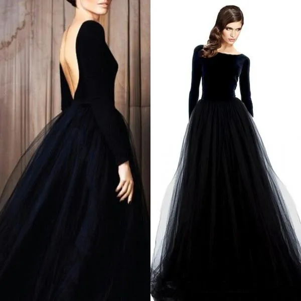 Stunning Long Sleeve Evening Gowns Velvet Black Prom Dress Bateau Neck Open Back Tulle Skirt Floor Length Formal Wear Sleeves