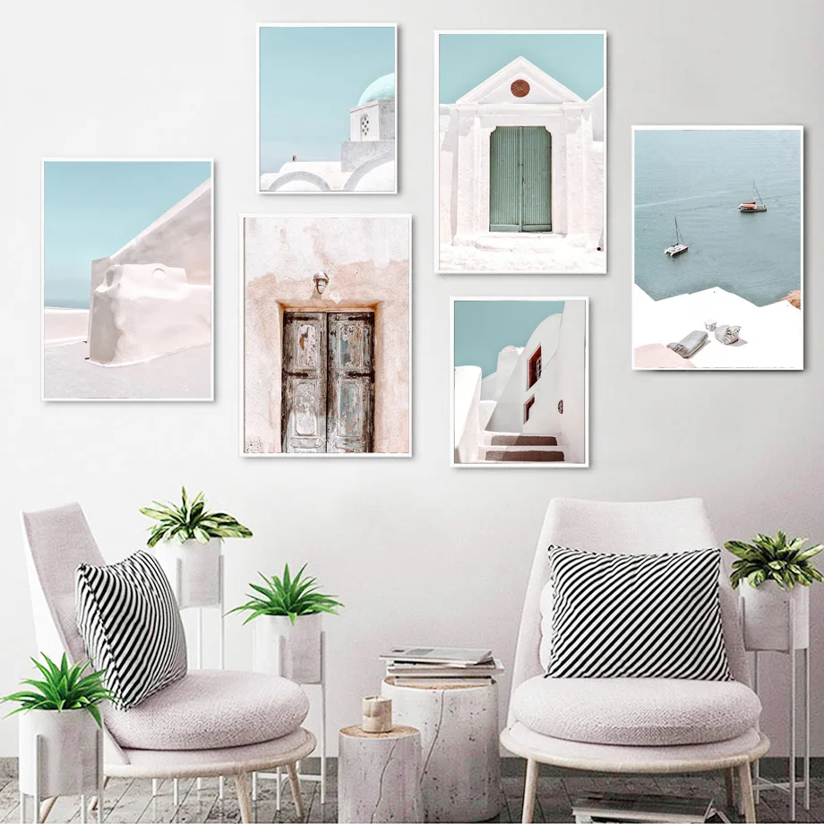 Nordic Style Santorini Architecture Posters And Prints Wall Art Canvas Painting of Aegean Sea Beach for Living Room Decor