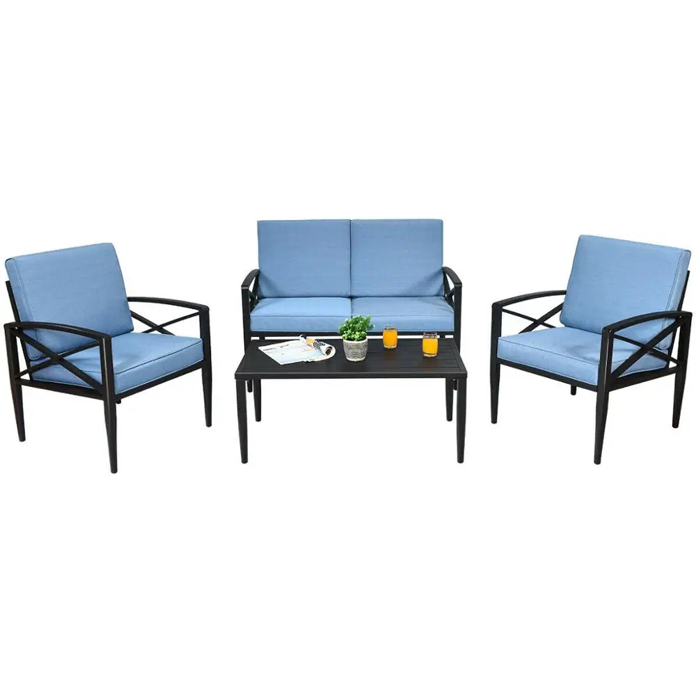 4PCS Patio Furniture Set Aluminum Frame Cushioned Sofa Chair Coffee Table Blue