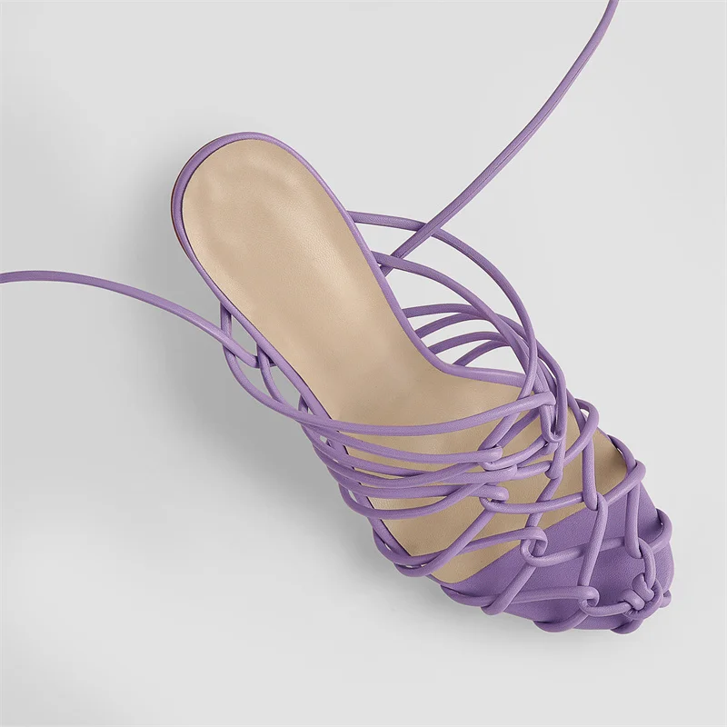 Onlymaker Band Summer Lace-Up Stiletto High Heel Ankle Strap Knotted Matte Purple Narrow Elegant Fashion Big Size Sandals