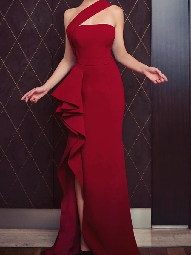 Vestido de noite formal vermelho escuro, Babados de um ombro, Frente dividida, Vestido de baile, Vestido sereia, Dubai, Árabe, Dubai, 2024