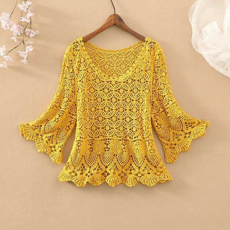 2023 spring and summer fashion new temperament casual outer wear short loose openwork sweater women Western style all-match