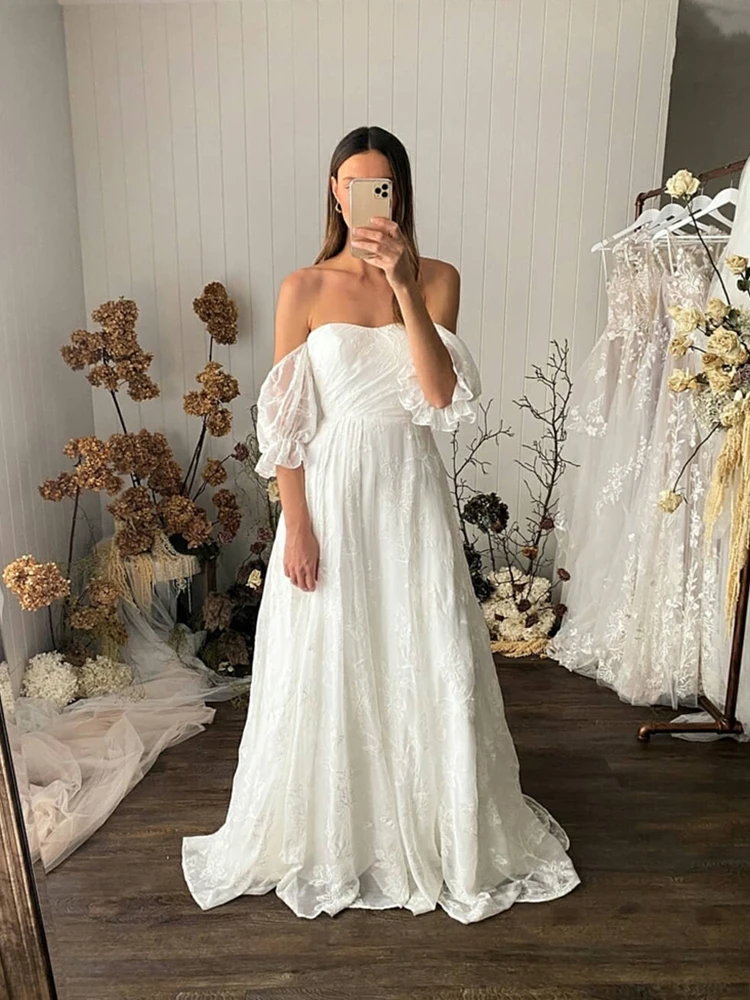 Böhmische ärmellose Schatz Brautkleid 2024 Tüll Spitze Applikation A-Linie Gericht Zug einfache elegante Boho Vestidos de Noiva