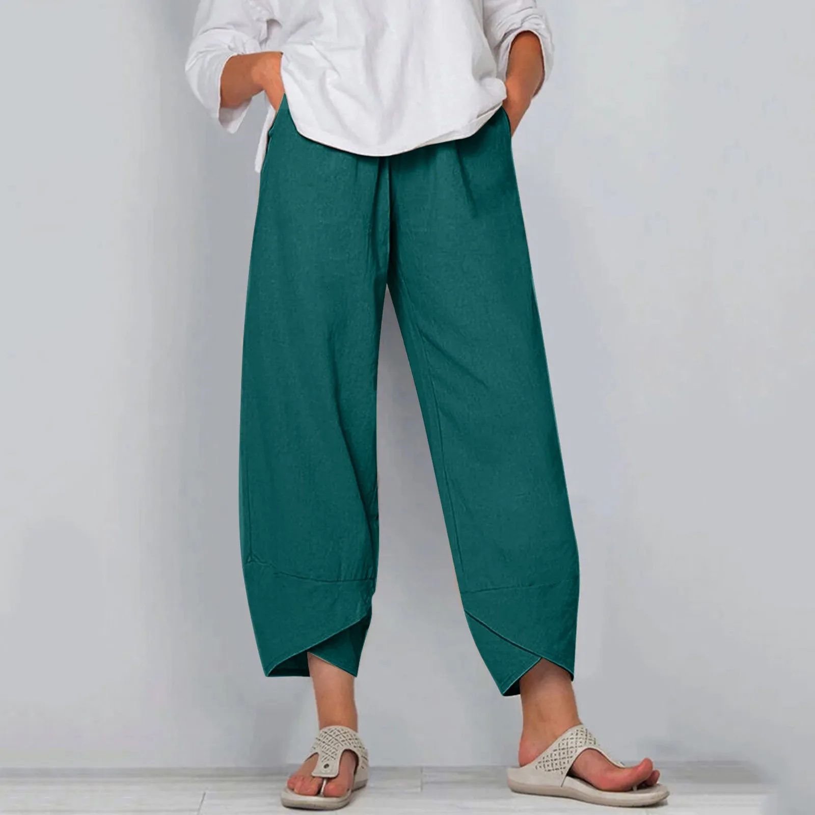 Women Casual Harem Pants Solid Color Cotton Linen Wide Leg Trousers Summer Elastic Waist  Loose Straight Trousers 3