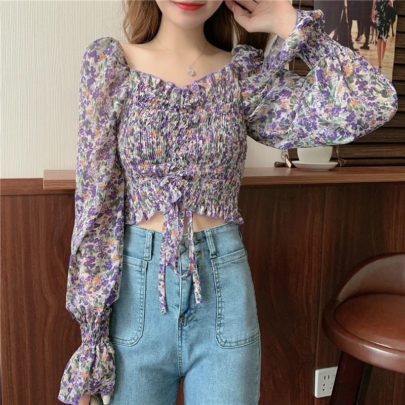 Flare Sleeve Blouse Women Square Collar Folds Floral Tender Skinny All-match Fashion New Elegant Cozy Holiday Mujer Crop Top Ins