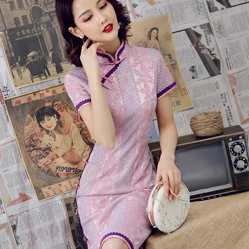 Vestido chino de encaje corto para mujer, Cheongsam moderno, Qipao, fiesta, Vintage, Ao Dai, elegante, alta calidad, 2020