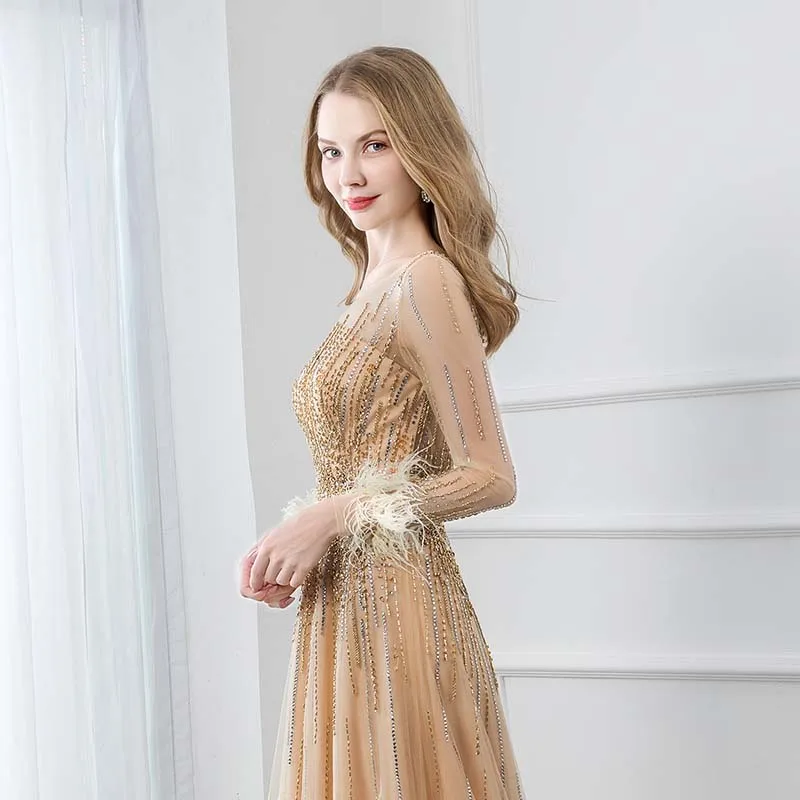 YQLNNE Elegante Gold Federn Volle Hülse Abend Kleid O Neck Lange Kristalle Perlen Formal Abendkleid Frauen Kleider