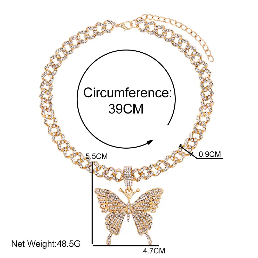 Fashion Bling Rhinestone Big Butterfly Pendant Necklace for Women Pink Blue Crystal Cuban Chain Necklace Rapper Rock Jewelry