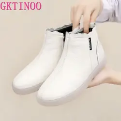 GKTINOO Stivaletti da donna in vera pelle di mucca Stivaletti comodi piatti bianchi caldi in peluche Scarpe autunno inverno di grandi dimensioni