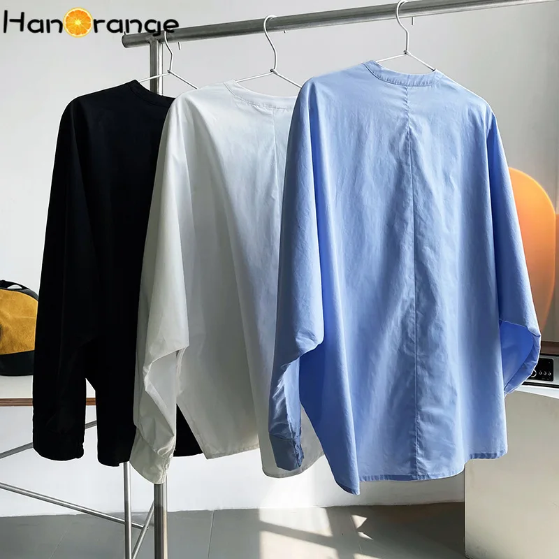 HanOrange 2024 Spring Lazy Style Niche Cotton Loose Bat Sleeve V-neck Shirt Woman Single Row Two Buttons