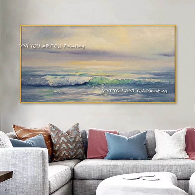 Hand Painted Soft Sunset Wave Canvas Wall Art, Handmade Calm Ocean Landscape Painting, Frameless Sofa Decor