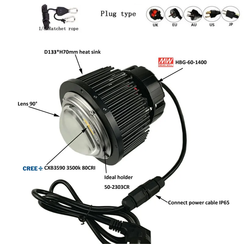 CREE-lámpara LED COB de espectro completo, luz blanca con controlador Meanwell, CXB3590/Citizen Clu048 1212c4, HBG-60-1400
