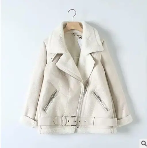 

Autumn Winter Women Sashes Pu Leather Coat Turn-Down Collar Zipper Warm Jacket Casual Imitation Fur Leather Jacket Outwear