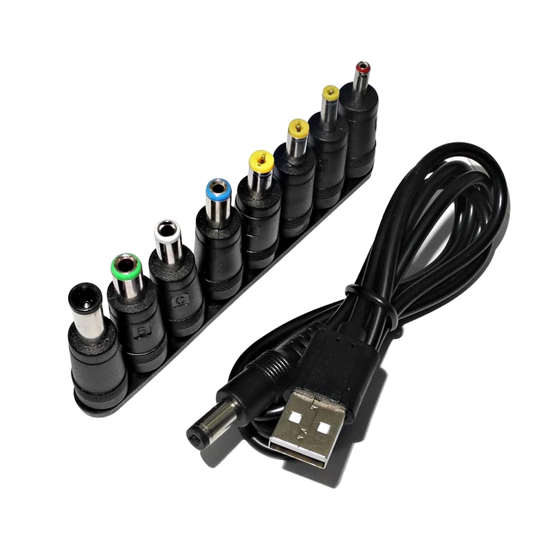 Universal Power Cable USB to DC 5.5 * 2.1mm Jack 5V Charging Cord with 8 Selectable Connector Tips for CCTV Cameras TV Box