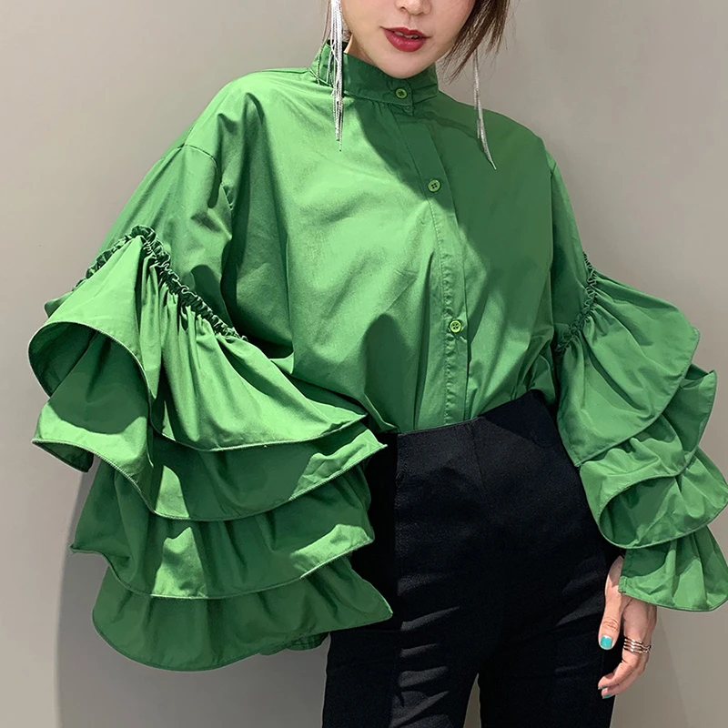 VGH Casual Patchwork Ruffles Women Shirts Stand Collar Lantern Long Sleeve Loose Blouses Female 2024 Summer Fashion Clothes New