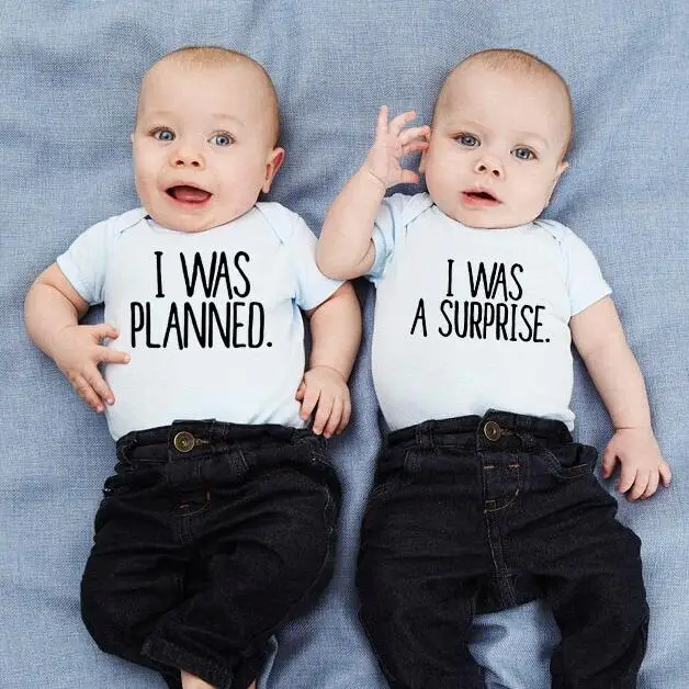 I Was Planned and I Was a Surprise Newborn Twins Baby Boys Girls Cute Body Baby Twins Short Sleeve Body Outfits Baby Rompers