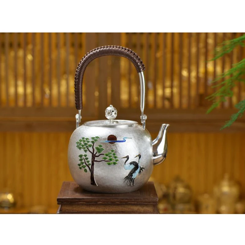 Silver pot 999 sterling silver handmade tea set Japanese retro teapot kettle home tea ceremony Kungfu tea set 800ml