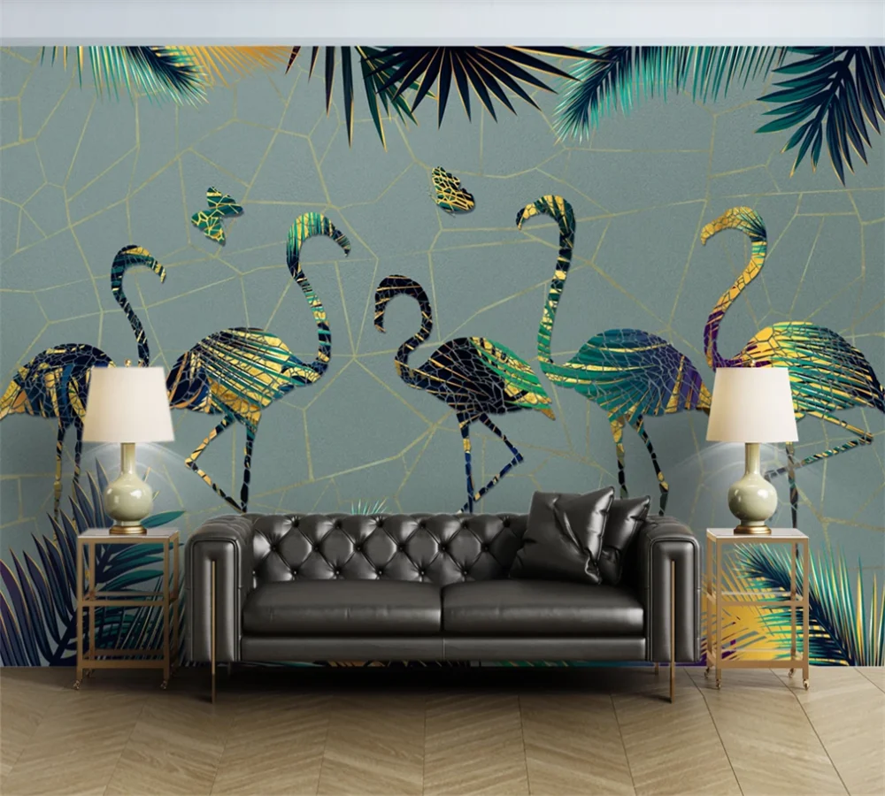 xuesu Custom 3D wallpaper mural abstract light luxury flamingo background wall hand painted leaf plant