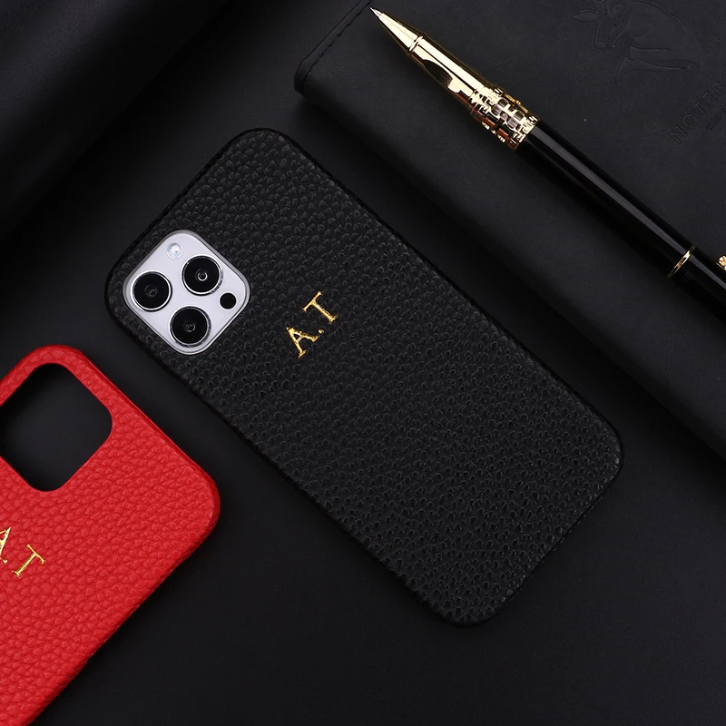 Personalized Pebble Grain Leather Phone Case Initial Name DIY iPhone 11 12 13 14 15Pro XR XS Max