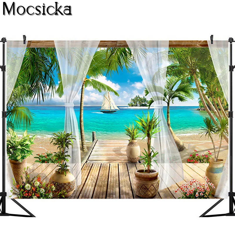 Tropikalna plaża tło liście palmowe Ocean wyspa nadmorski scena lato tło fotografii ślubnej Banner foto budka rekwizyty