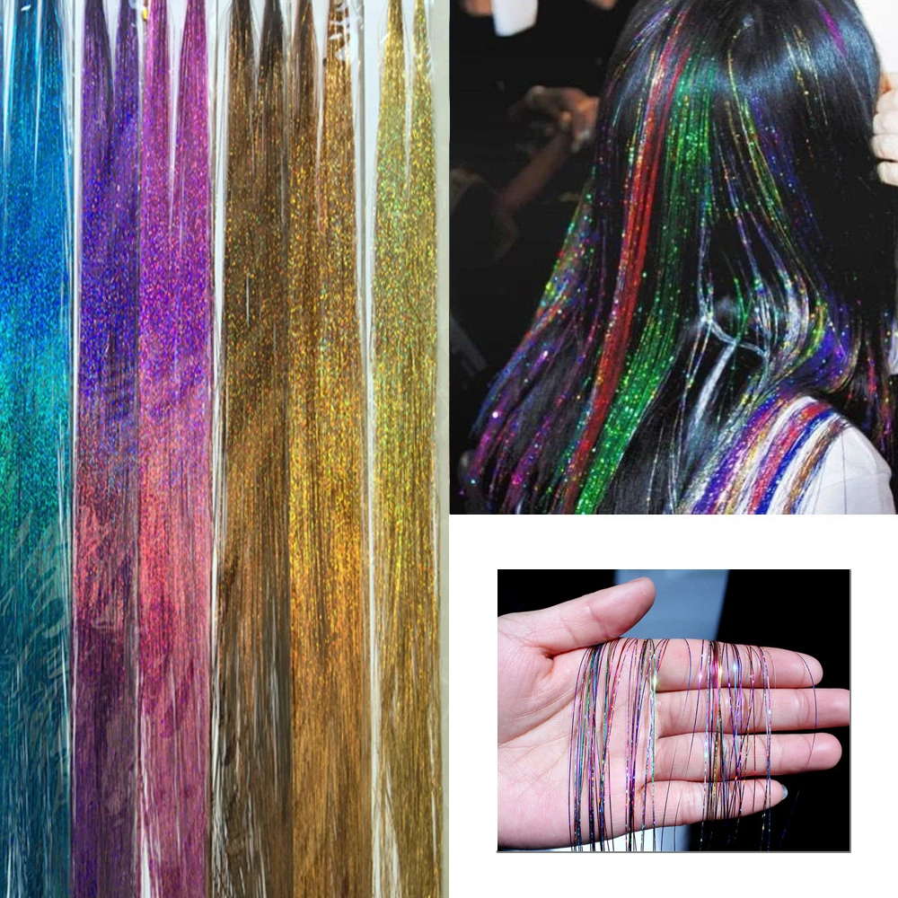 Tinsel de cheveux synthétiques arc-en-ciel coloré pour filles, extensions de cheveux, faux cheveux au laser, décoration scintillante, vêtements de