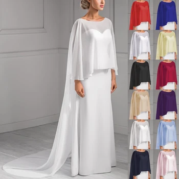 งานแต่งงานเจ้าสาวชีฟองยาว Cape Dinner Party อย่างเป็นทางการ Lady เสื้อคลุม O-คอพรหมผู้หญิงผ้าคลุมไหล่ Elegant High-low Wrap สีขาวสีชมพูสีดํา