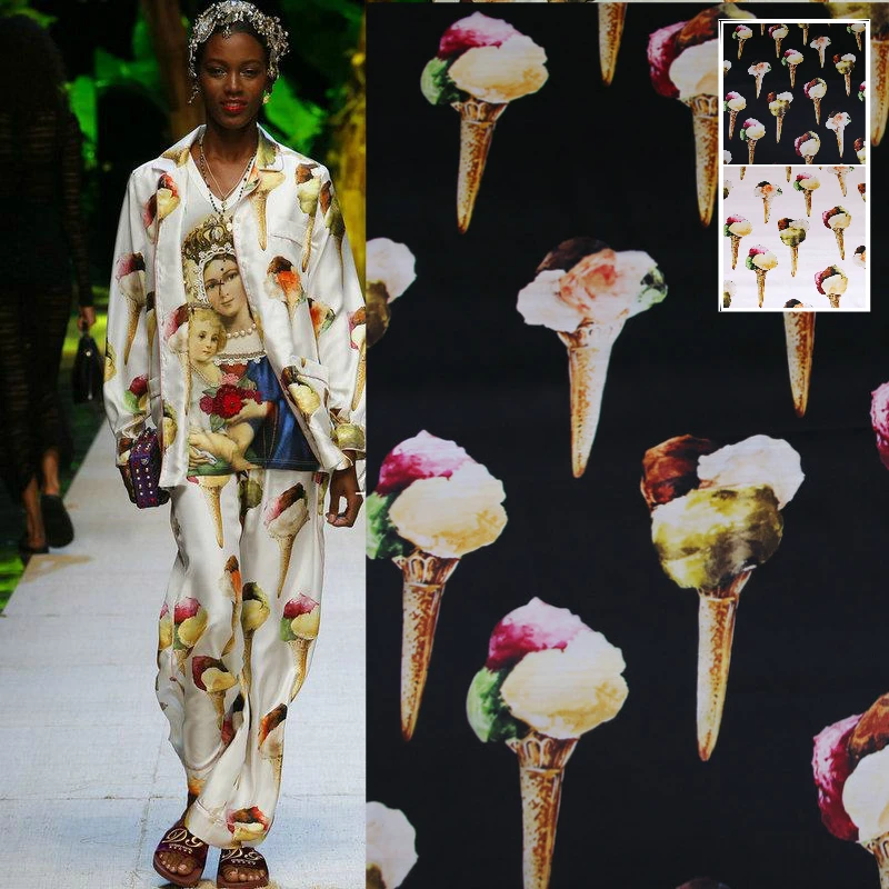 Ice Cream Printed Satin Fabric Italian Brand Fashion Week Catwalk Diy Sew Scarf Fabrics Wholesale Cloth for Dress Material