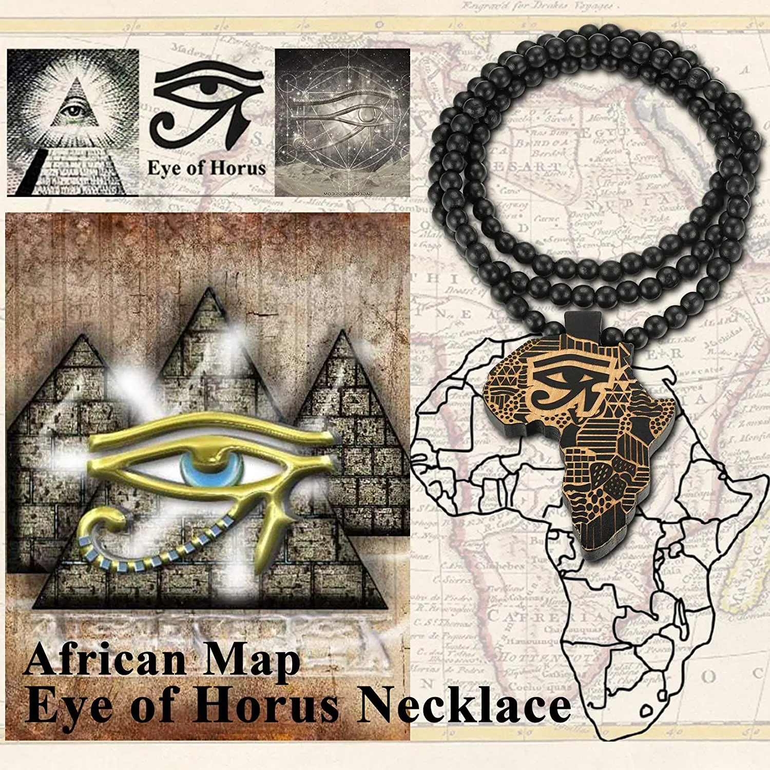 U7 Egyptian Eye African Map Pendant Necklace Wooden Hip Hop Jewelry 36\