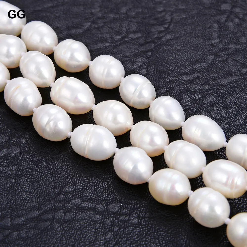 GuaiGuai Jewelry 3 Strands Natural 12MM White Rice Pearl Bracelet For Women