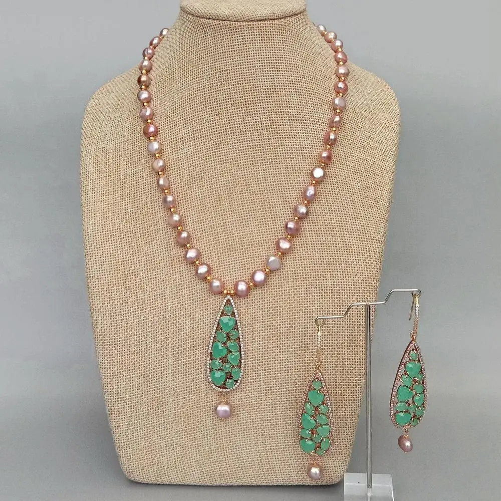 Y·YING  Cultured Purple Baroque Pearl Bezel Set Green Cat Eye Pendant Necklace Earrings Set