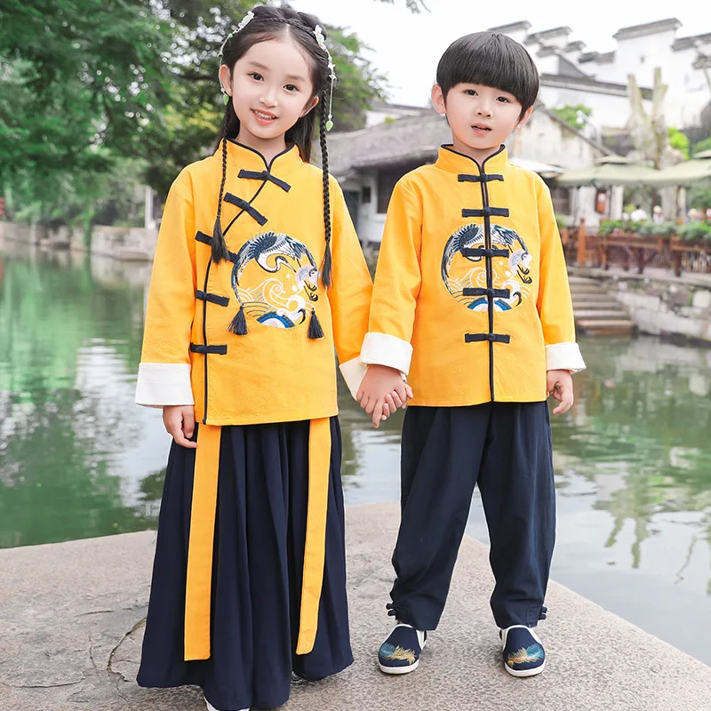 Borduurwerk Kinderen Hanfu Nieuwigheid 2 Stuks Tang Pak Chinese Stijl Twee Stuk Pak Lange Mouw Tops Rokken Broek Show kleding