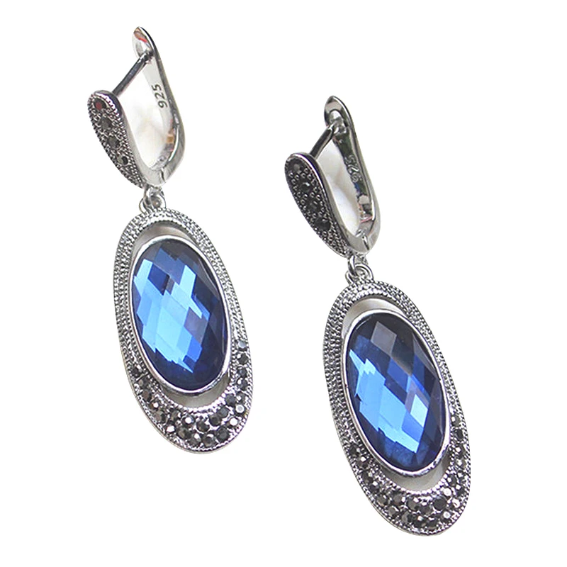 Ajojewel Oval Crystal Earrings With Blue Stone Retro Style Ear Drop Black Rhinestone Vintage Jewelry Wholesale