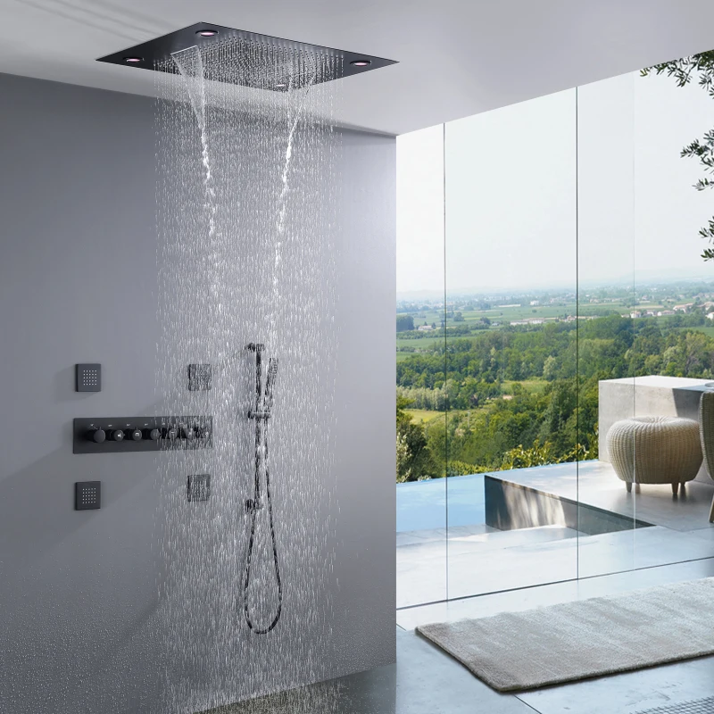 Modern Matte Black Shower Valve Thermostatic Embed Ceiling Bath Shower Waterfall Handheld Rainfall