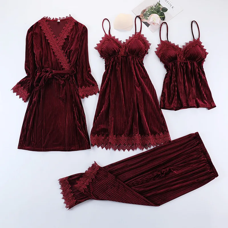 Burgundy Velour Pajama Suit Women 4PCS Kimono Robe Nightgown Set Sleepwear Lady Winter Warm Striped Gold Velvet Bathrobe Gown