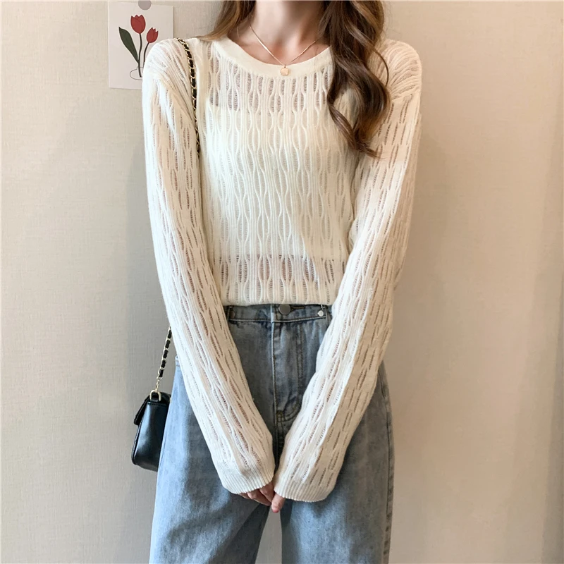 

TuangBiang Lace Hollow Out Sexy Woman Elasticity Pullovers Autumn Translucent Elegant Sweater Lady Full Sleeve Hole Knitted Tops