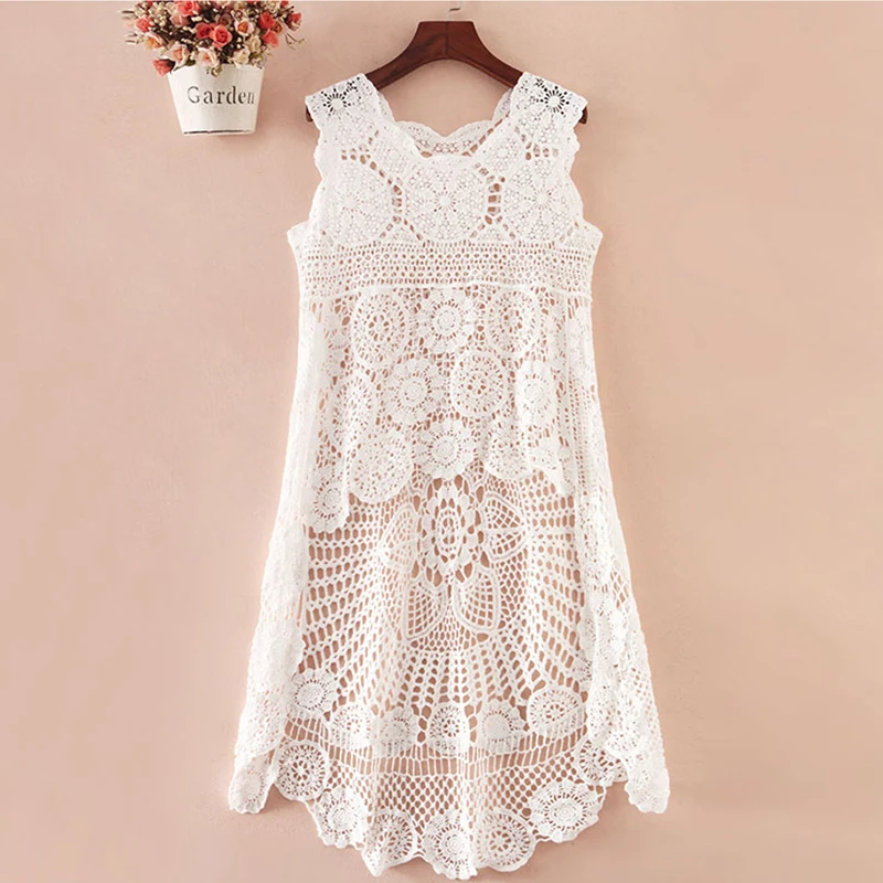 OUMEA Women Sleeveless Crochet Tank Dress Cotton Floral Hi Low Hem Beach Casual Crochet Dress Retro Bohemian Style