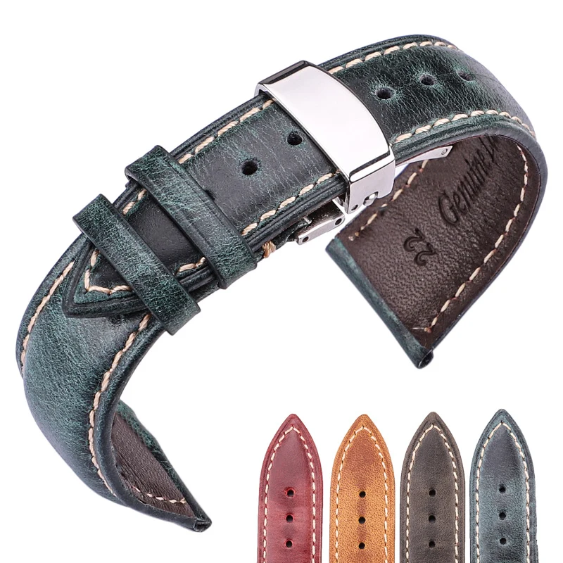 Genuine Leather Watchband Women Men Oil Wax Cowhide Watc Band Strap 18mm 20mm 22mm 24mm Blet With Steel Butterfly Buckle