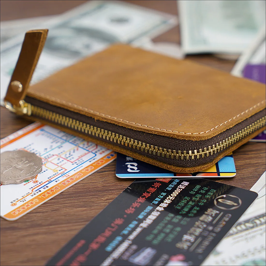 Handmade Mens Wallet Leather Genuine Short Vintage Zipper Wallet for Men Crazy Horse Leather Small Coin Pocket Money Bag