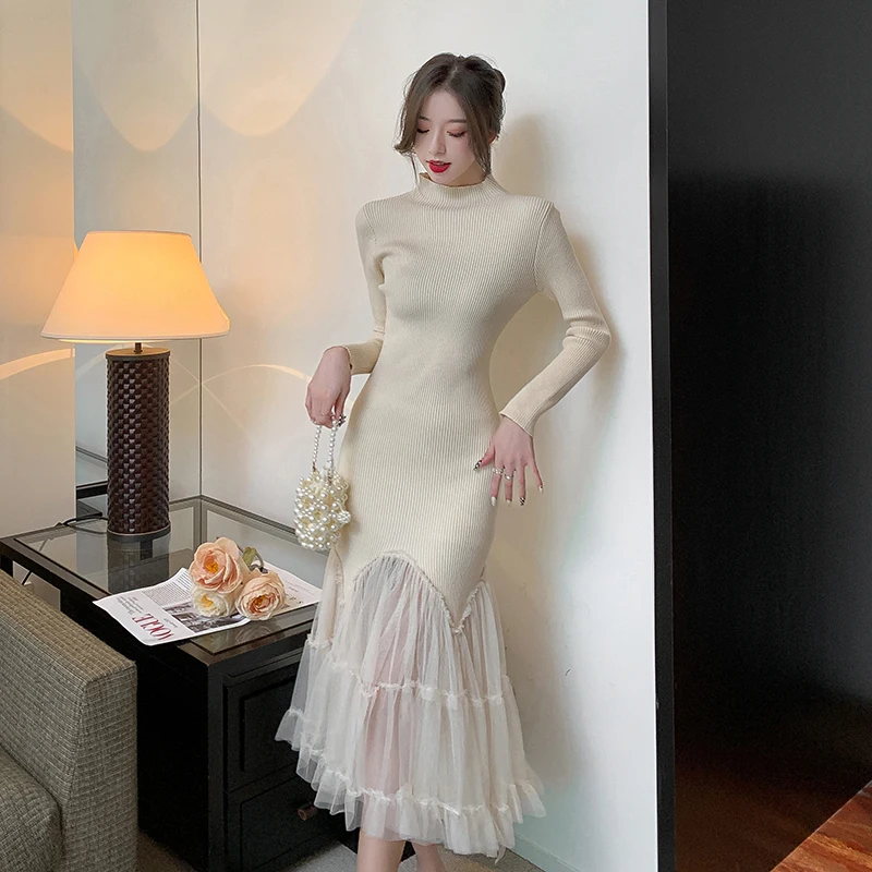 2021 خمر موضة المرأة الأسود الحياكة فستان سواريه بأكمام طويلة الخريف الشتاء أنيقة شبكة الربط حورية البحر فستان طويل الإناث