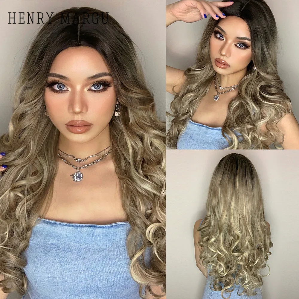 HENRY MARGU Ombre Brown Champagne Blonde Highlight Long Loose Wave Synthetic Hair Wig Natural Fake Hair for Women Heat Resistant