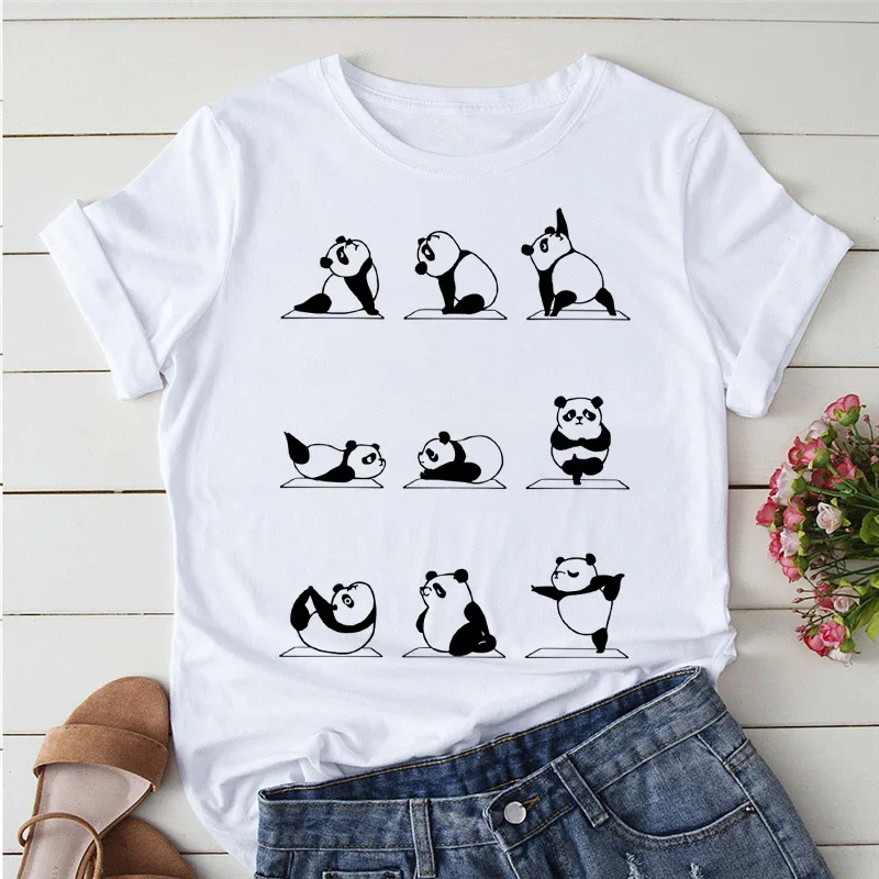 Camisetas de dibujos animados para mujer, camiseta Kawaii con estampado de Panda y Yoga, camiseta de manga corta, camisetas informales para mujer