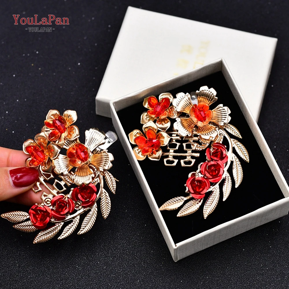 YouLaPan X28 Bride High Heels Clips Chinese Wedding Shoes Buckle Alloy Flower Shoes Clips Accessories Red Rose Shoe Buckle