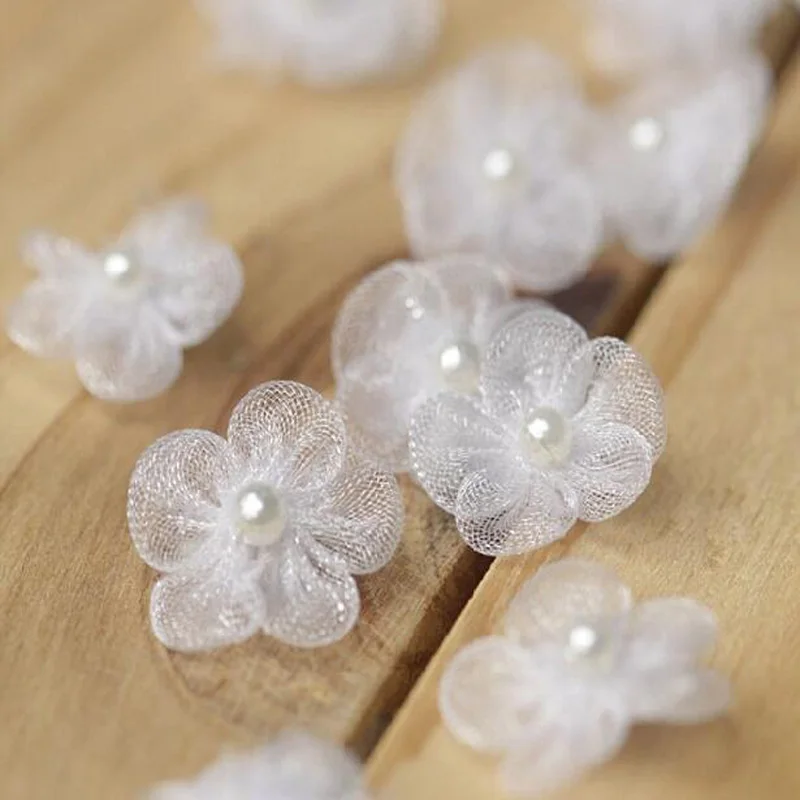 5pcs Round 1.5cm 3D Five-petal Pearl Sunflower Flower yarn patches DIY sewing applique dress wedding Hairpin Christmas decor