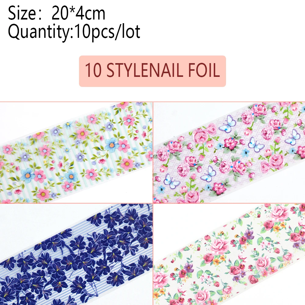 ERUIKA 10pcs/set Transparent Mixed Flower Nail Foil Art Transfer Stick Water Decals Quick Design Foil Nail Manicure Decoration