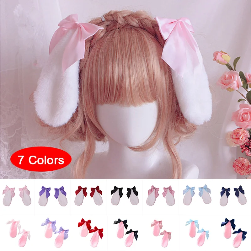 Women Girls Plush Lop Ears Rabbit Hair Clip Kawaii Bunny Ears Hairpin Candy Color Ribbon Bowknot Lolita Cosplay Hair Accessories