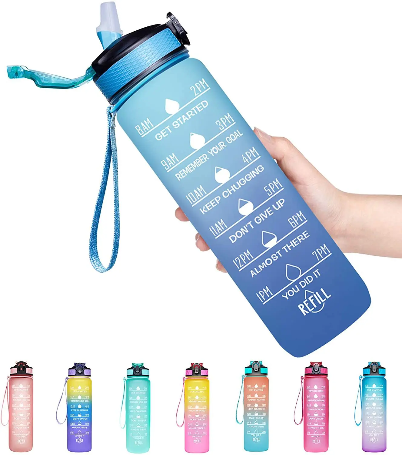 

BPA Free Drinking Water Bottle with Time Marker Straw, Creative, Suitable for Gyms Work Out, 1000ml