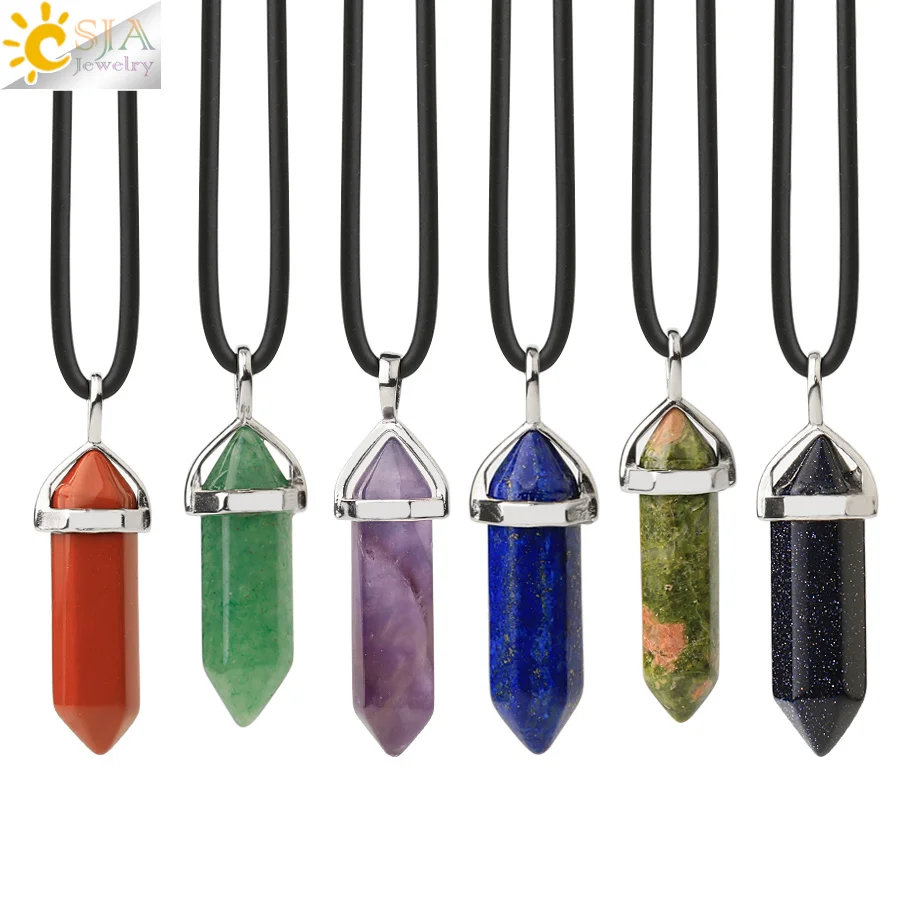 CSJA Crystal Necklaces Natural Gem Stone Quartz Necklace Pendant Chakra Hexagonal Bullet Amethysts Pink Quartz Lapis Lazuli G957