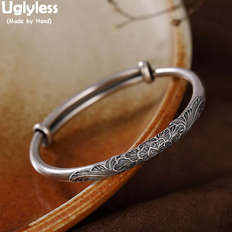 

Uglyless Vintage Filigreed Flower Bangles for Women Real 999 Silver Thai Silver Push-pull Adjustable Bangle Ethnic Floral Jewel