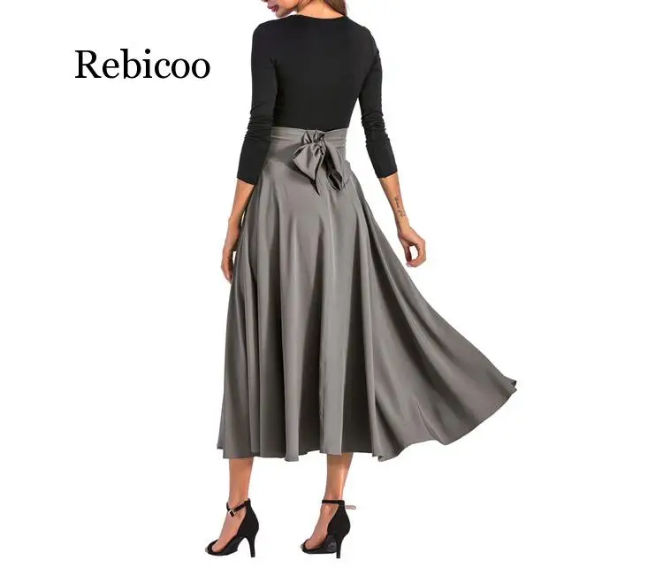 

European Women Skirt New Slit Long Vintage Lady Maxi Skirt Fashion Pleated Lace Up Bow Elegant Female Party Skirt