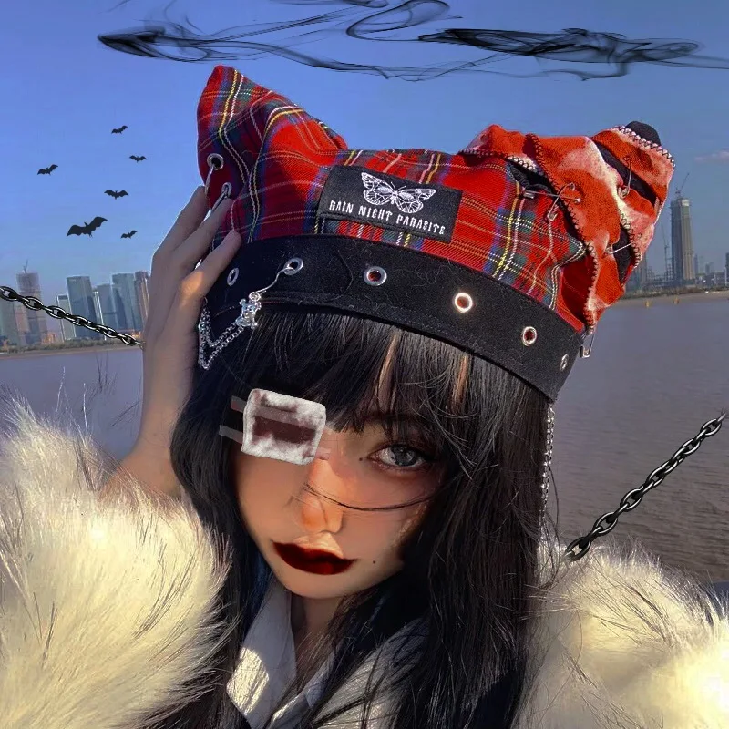 Japanese Punk Rock Metal Chain Plaid Cat Ear Beret Hat Gothic Girls Fashion Streetwear Hip Hop Devil Red Black Blood Bucket Caps